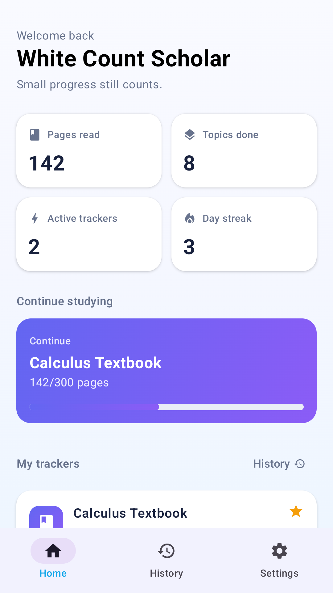 White Count Scholar home screen